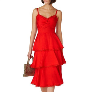 MARCHESA NOTTE Red Ruffle Midi Tiered Lace Dress