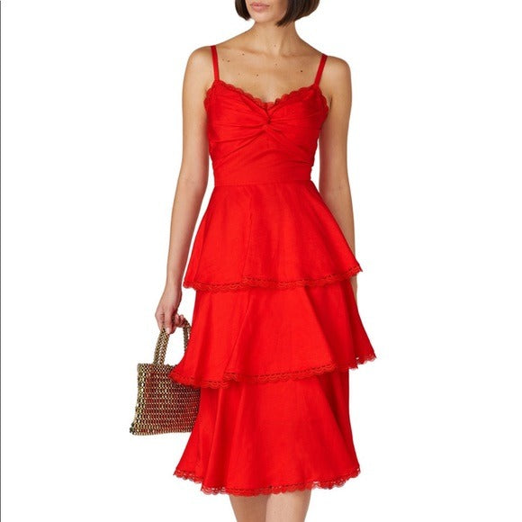 MARCHESA NOTTE Red Ruffle Midi Tiered Lace Dress – Lillynbloom